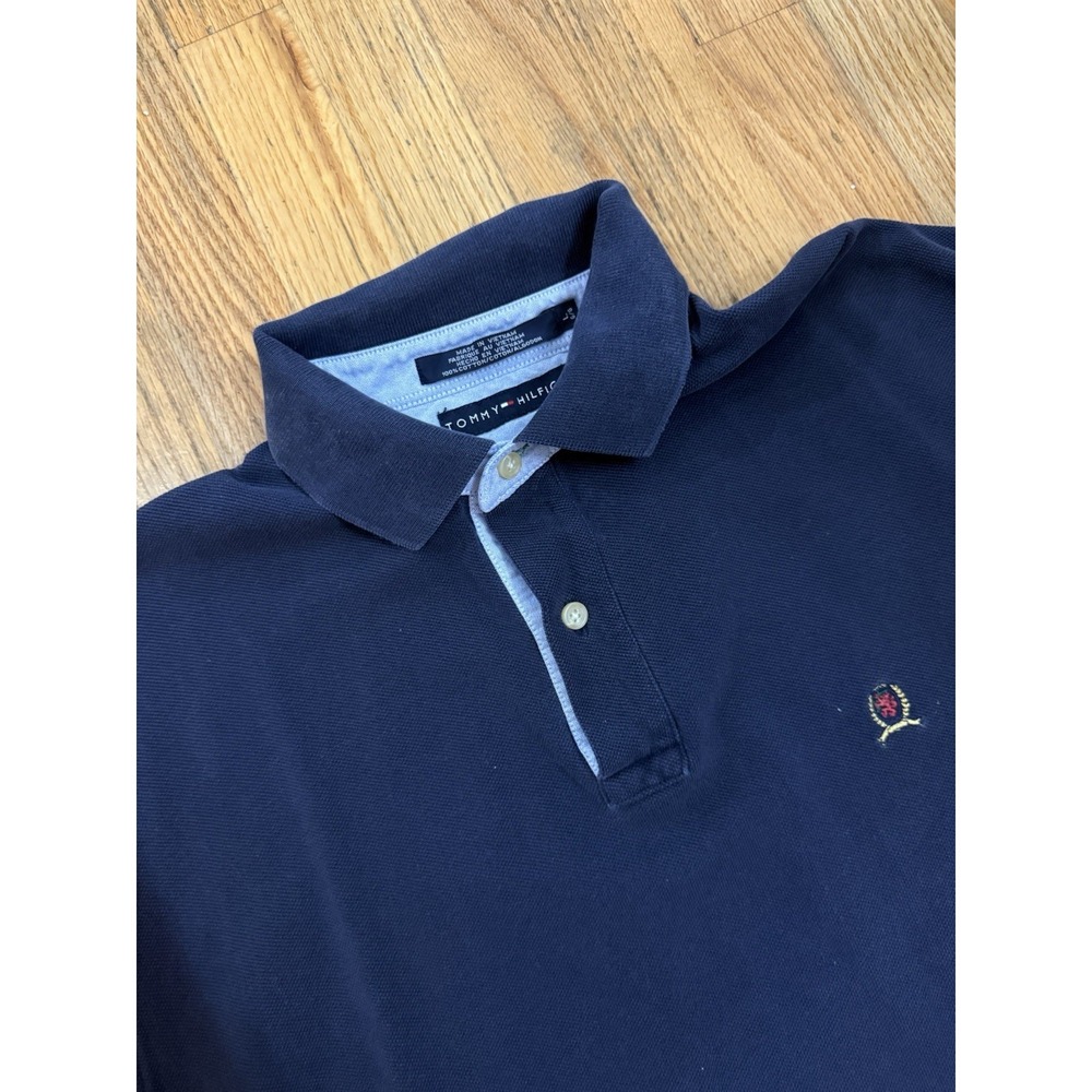 Tommy Hilfiger Men's Polo Shirt Navy Blue L Cotton Knit Embroidered Logo